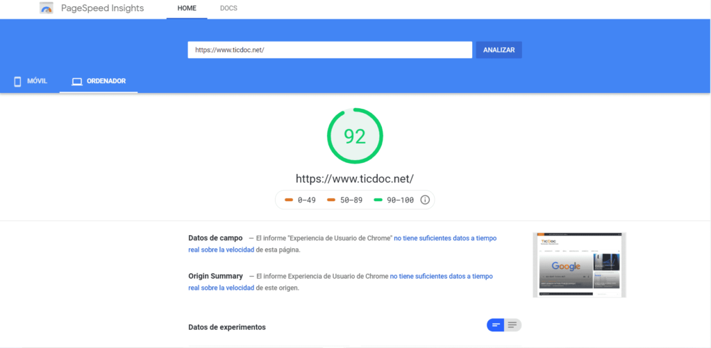 Test  PageSpeed Insights velocitat carga pàgina web en WordPress Autoptimize 